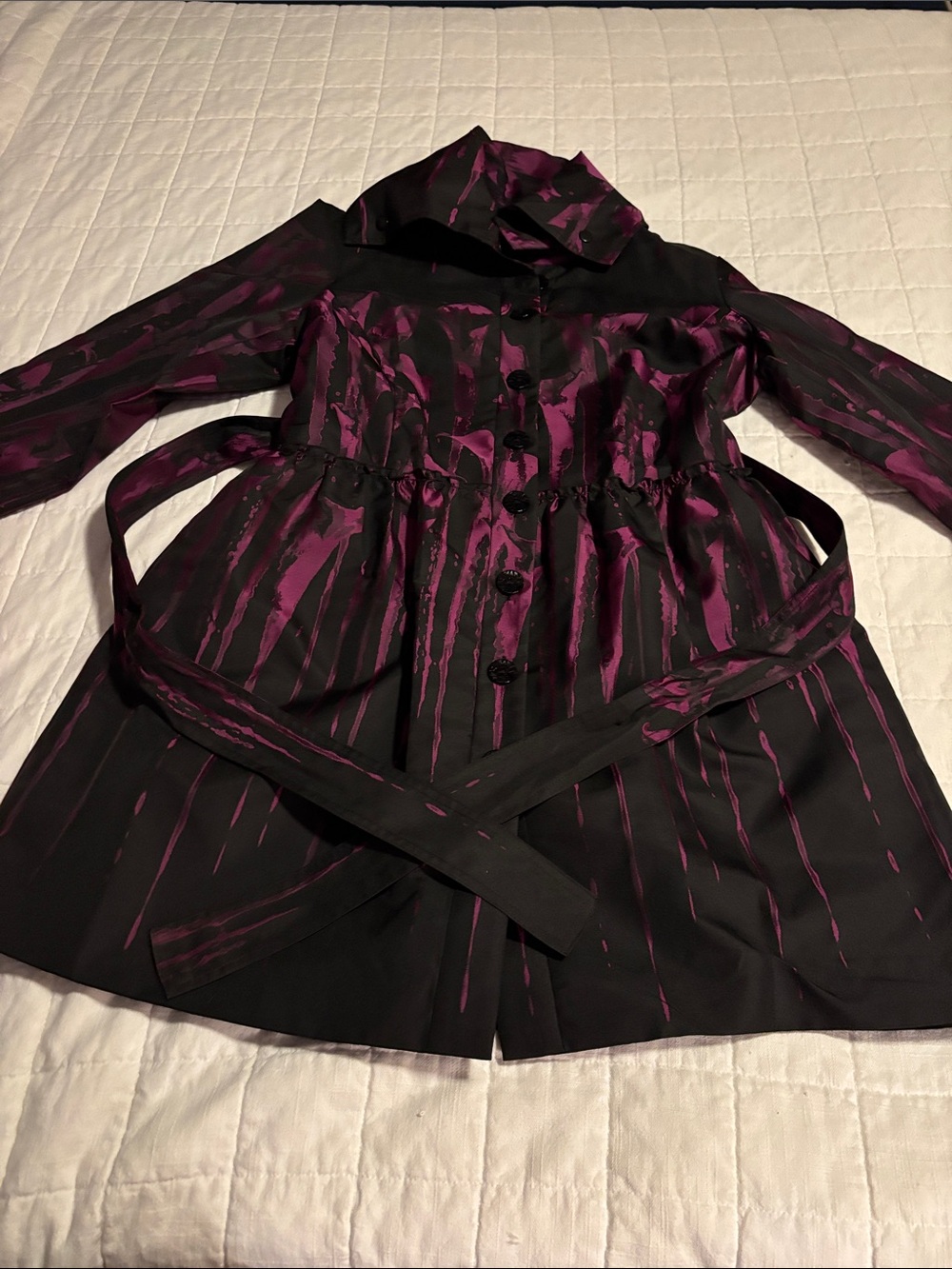 Samuel Dong Black Trench Coat with Plum Brushstroke Print
